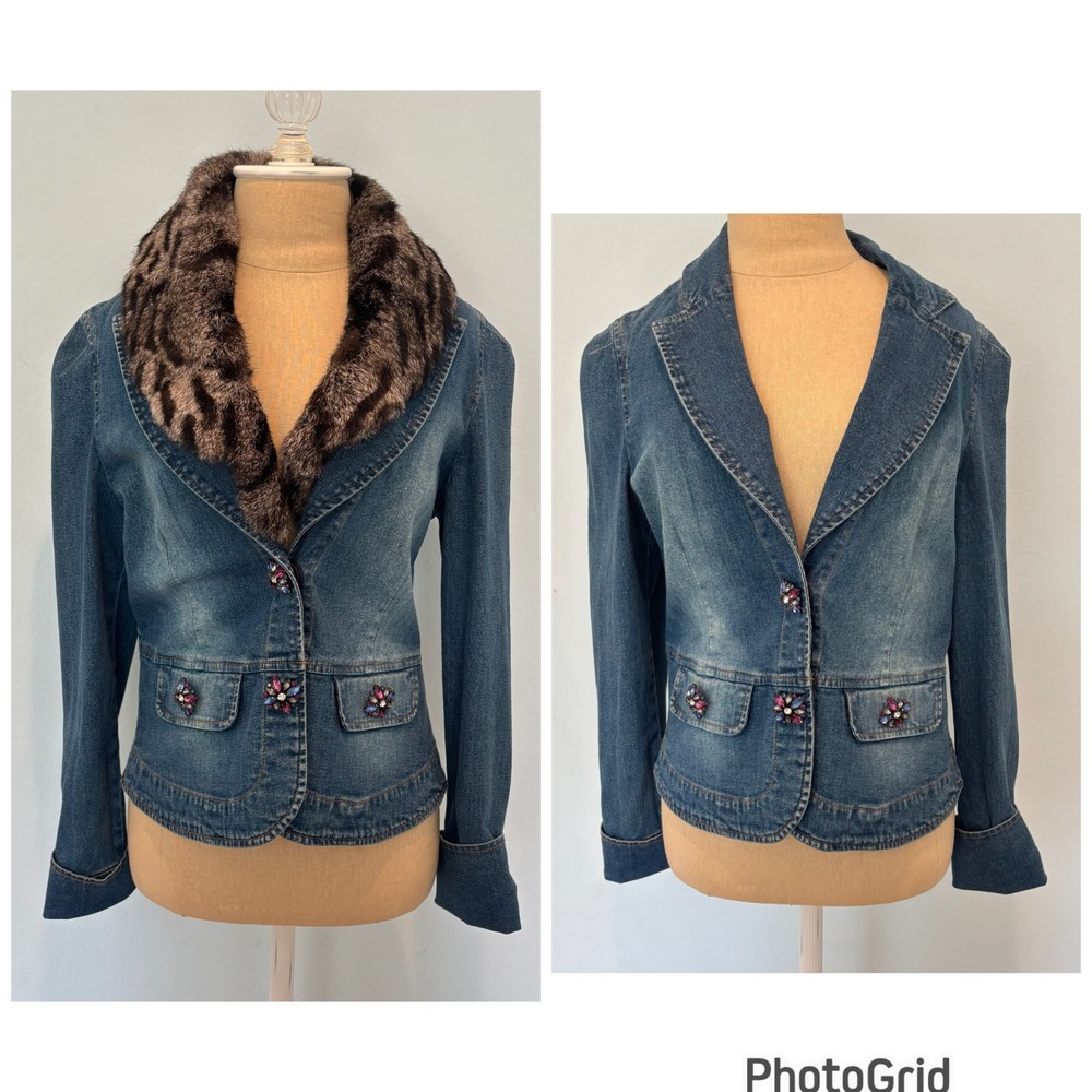 Vintage Denim Blazer Jacket Fur Womens Small Detachable Collar Rhinestone Button